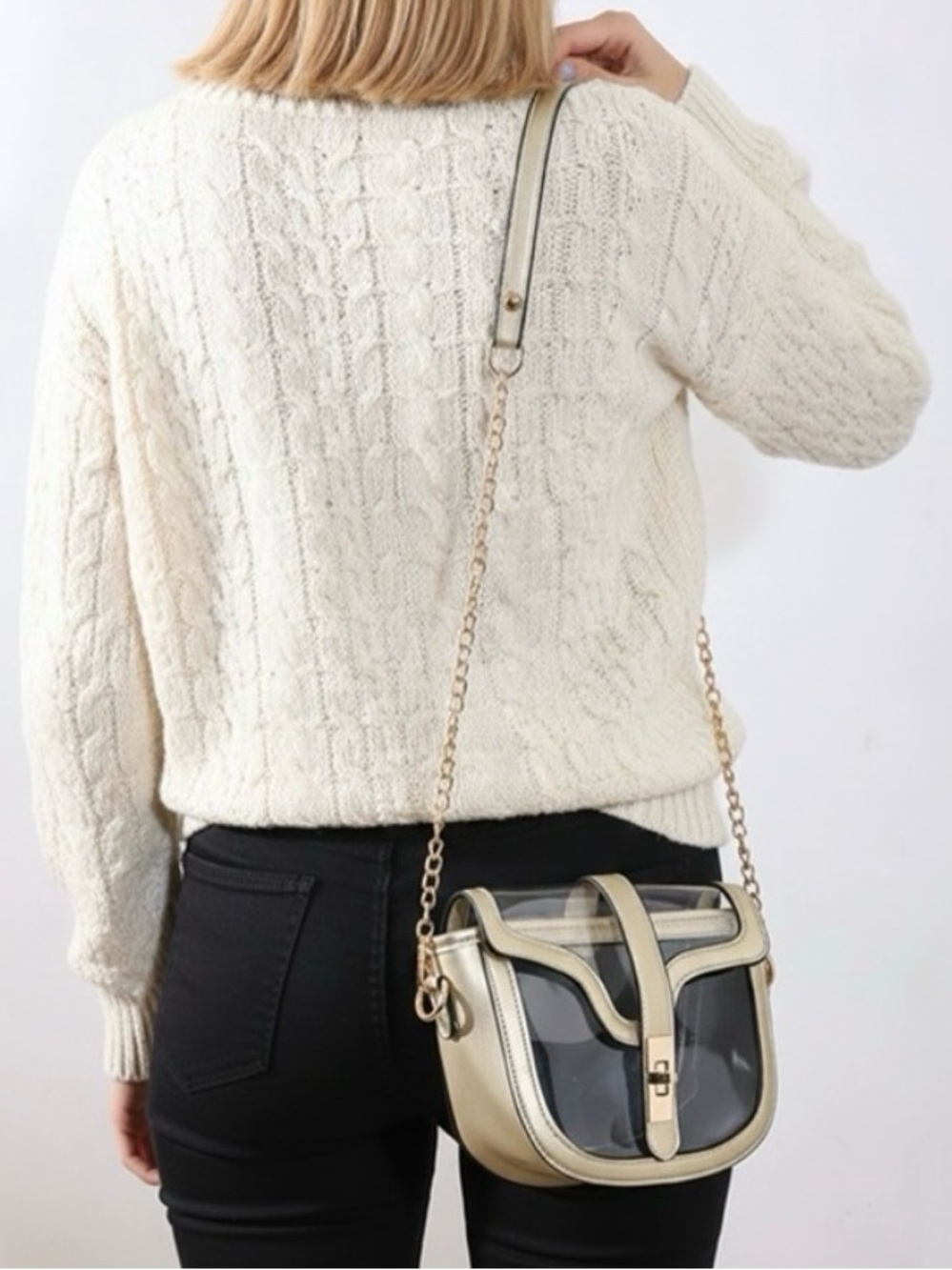 Clear Transparent Saddle Bag Purse, Gold w/ Chain Crossbody - Zenana Outfitters - Picture 7 of 16